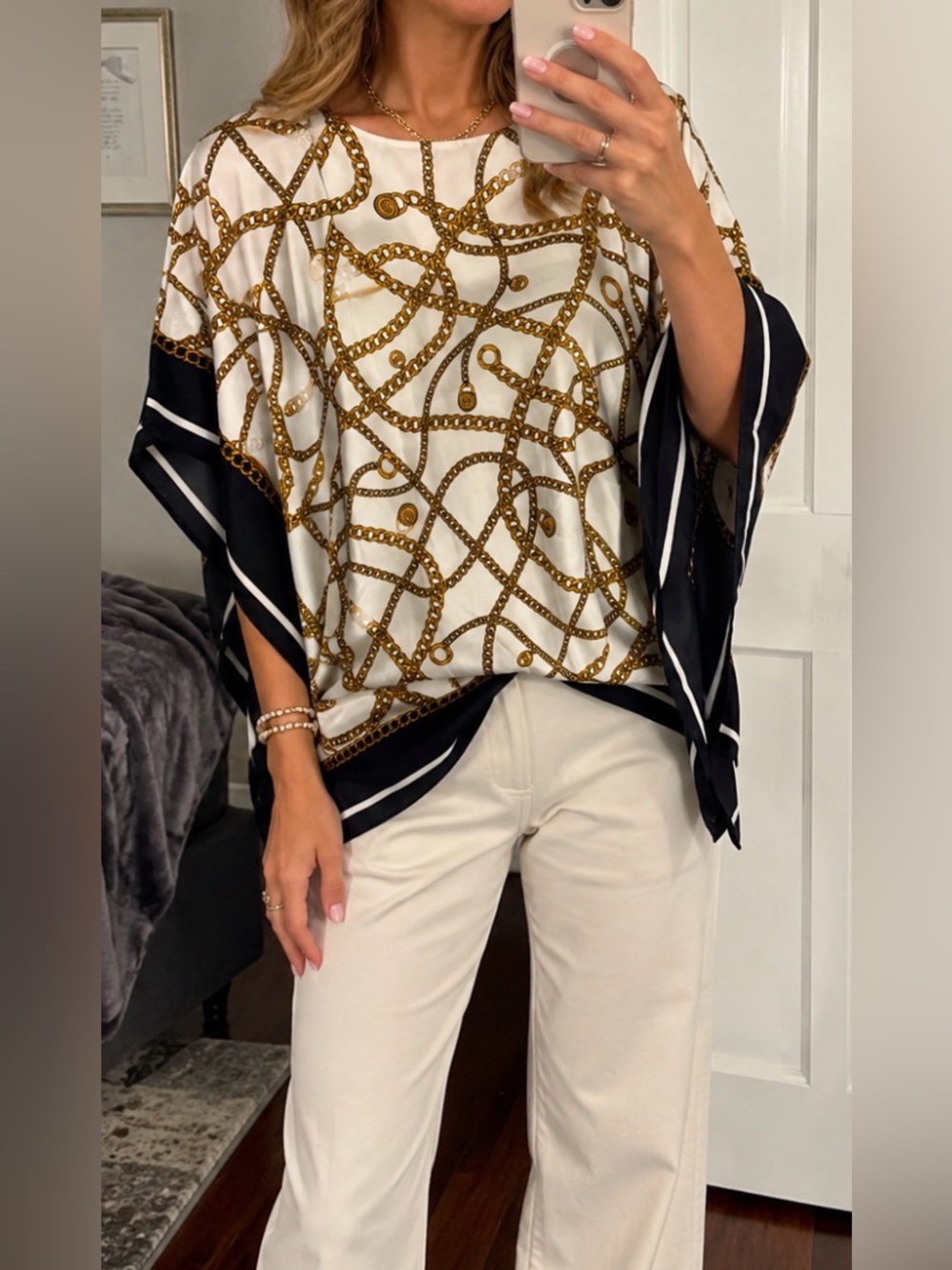 Michael Kors Chain Print Kimono Sleeve Blouse Top White Gold Black Size S/M

.